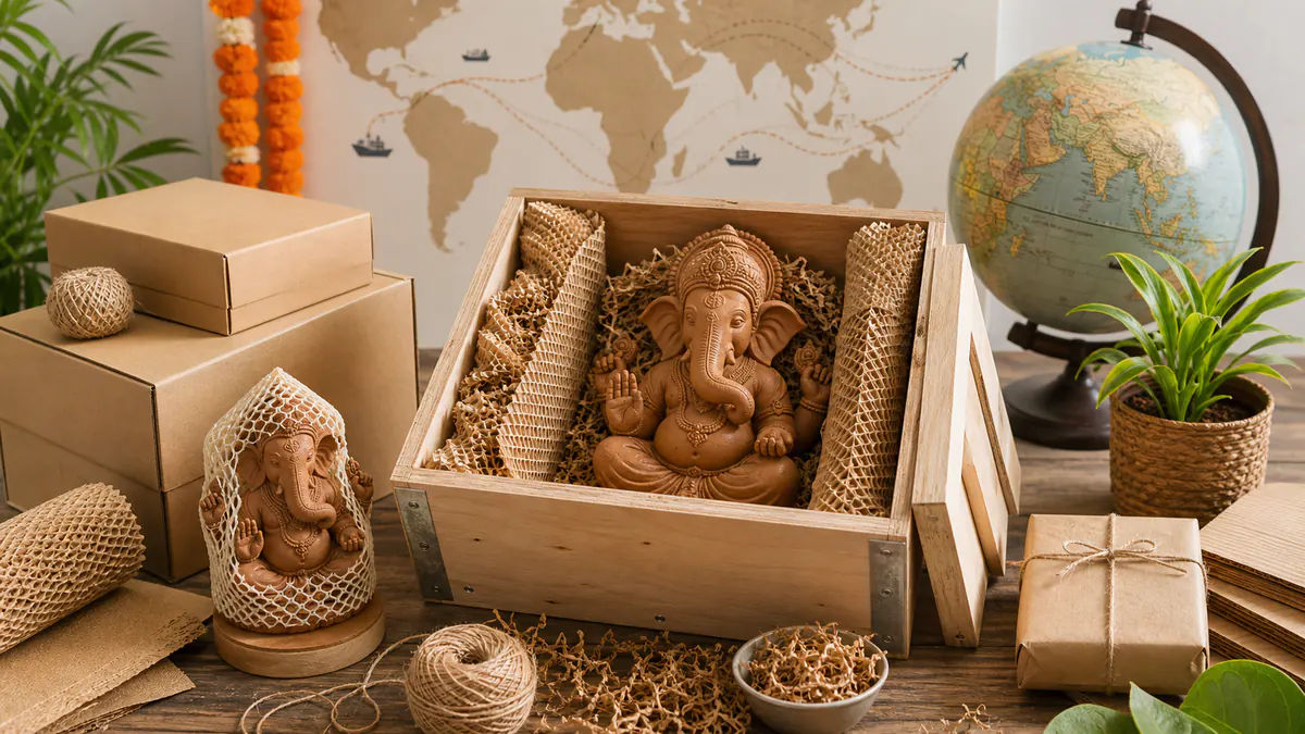 Export-ready Ganesh idols safely packed in kraft cushioning and wooden crate