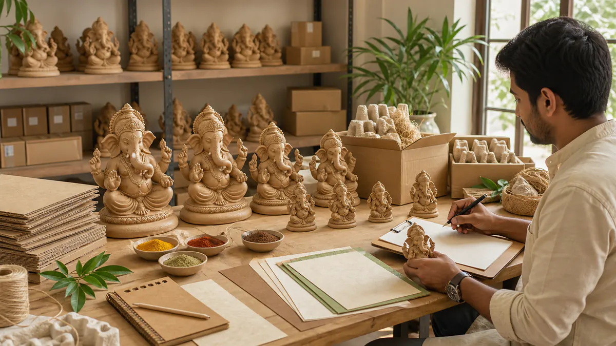 Wholesale eco Ganpati order planning with rows of idols and kraft packing cartons