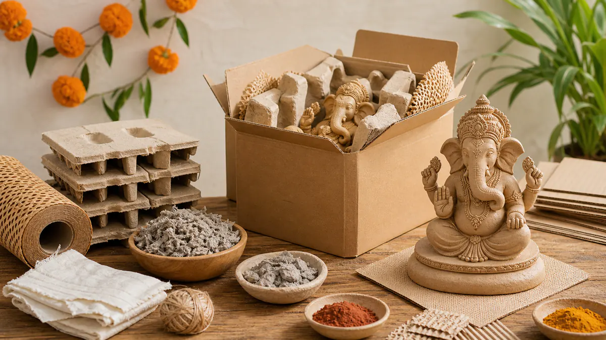 Paper mache Ganpati idols with protective kraft packing for export and mandal handling
