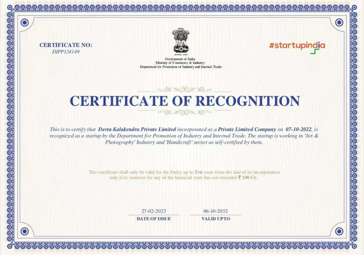 Devta Kala Kendra Startup India DPIIT Certificate of Recognition